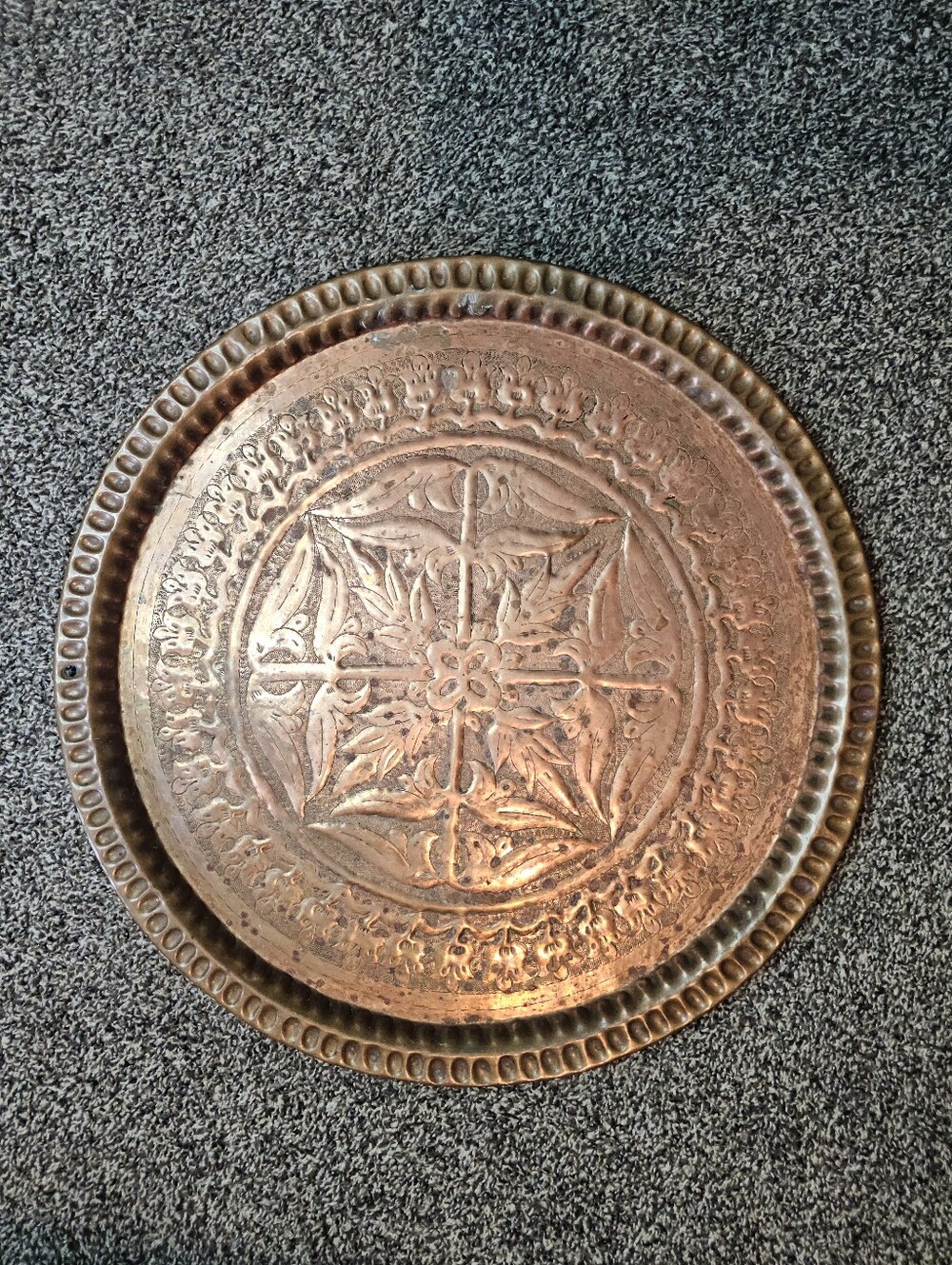 Vintage Round Embossed Copper Serving Tray Floral Etched Decorative Platter 20"